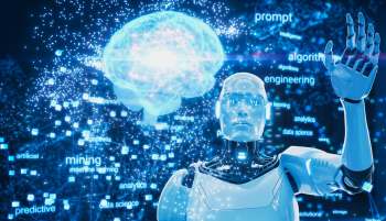 A futuristic robot interacts with a digital brain and glowing data terms, symbolizing artificial intelligence.