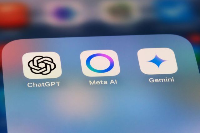 Three app icons are displayed: ChatGPT, Meta AI, and Gemini, against a blurred background.
