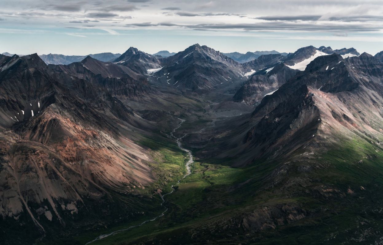 Aerial view of Alaska mountains.