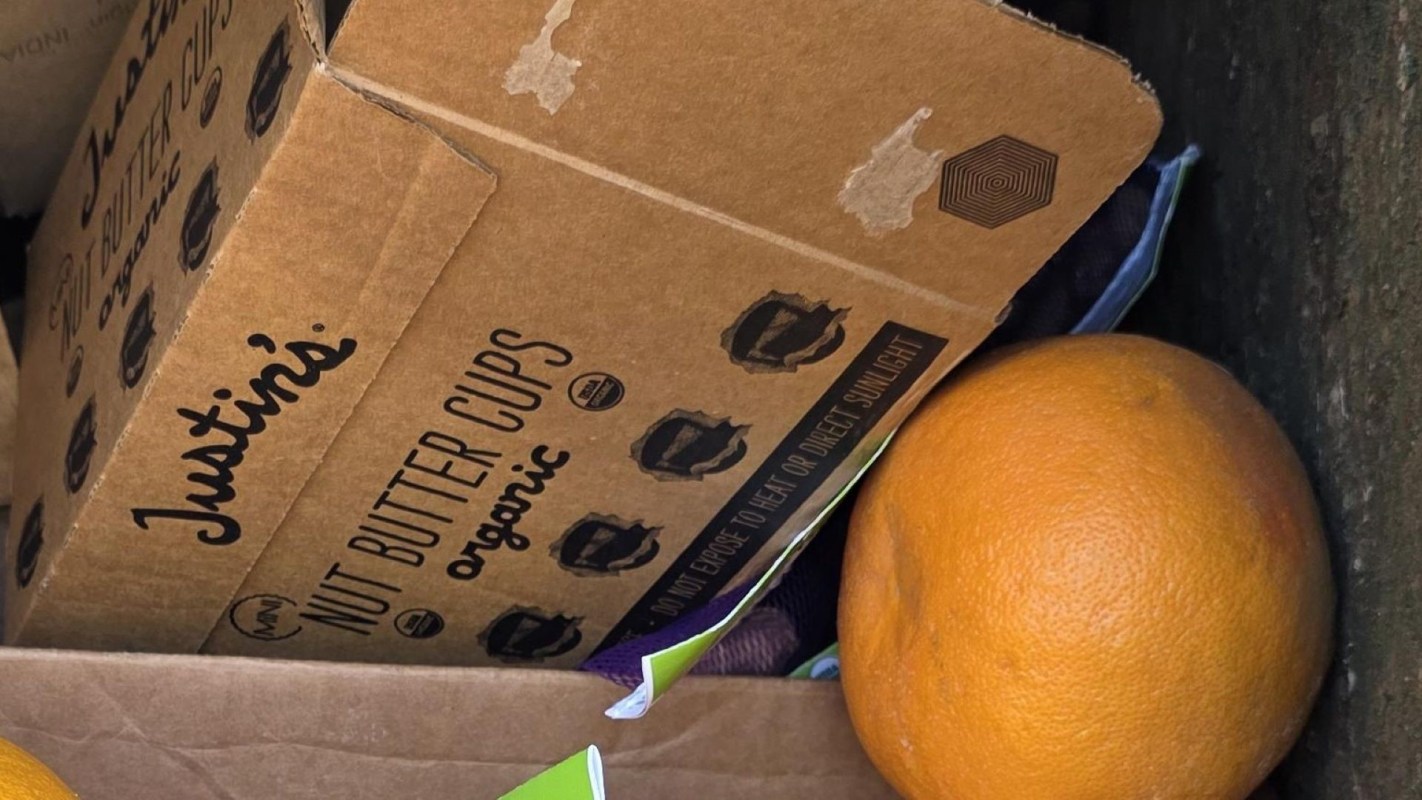 An orange and cardboard box in a dumpster.