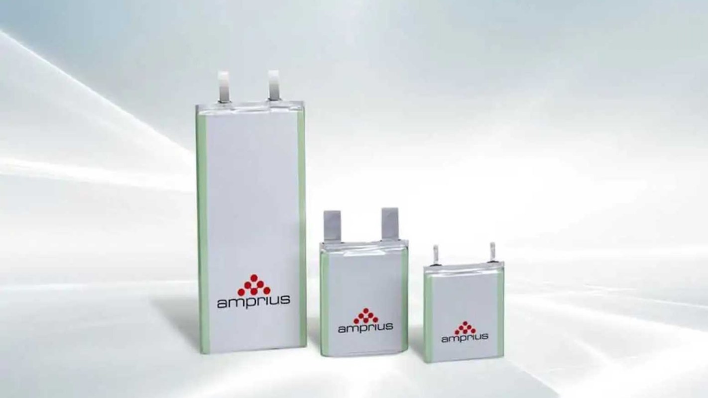 Three battery cells of varying sizes with the "Amprius" logo against a light background.