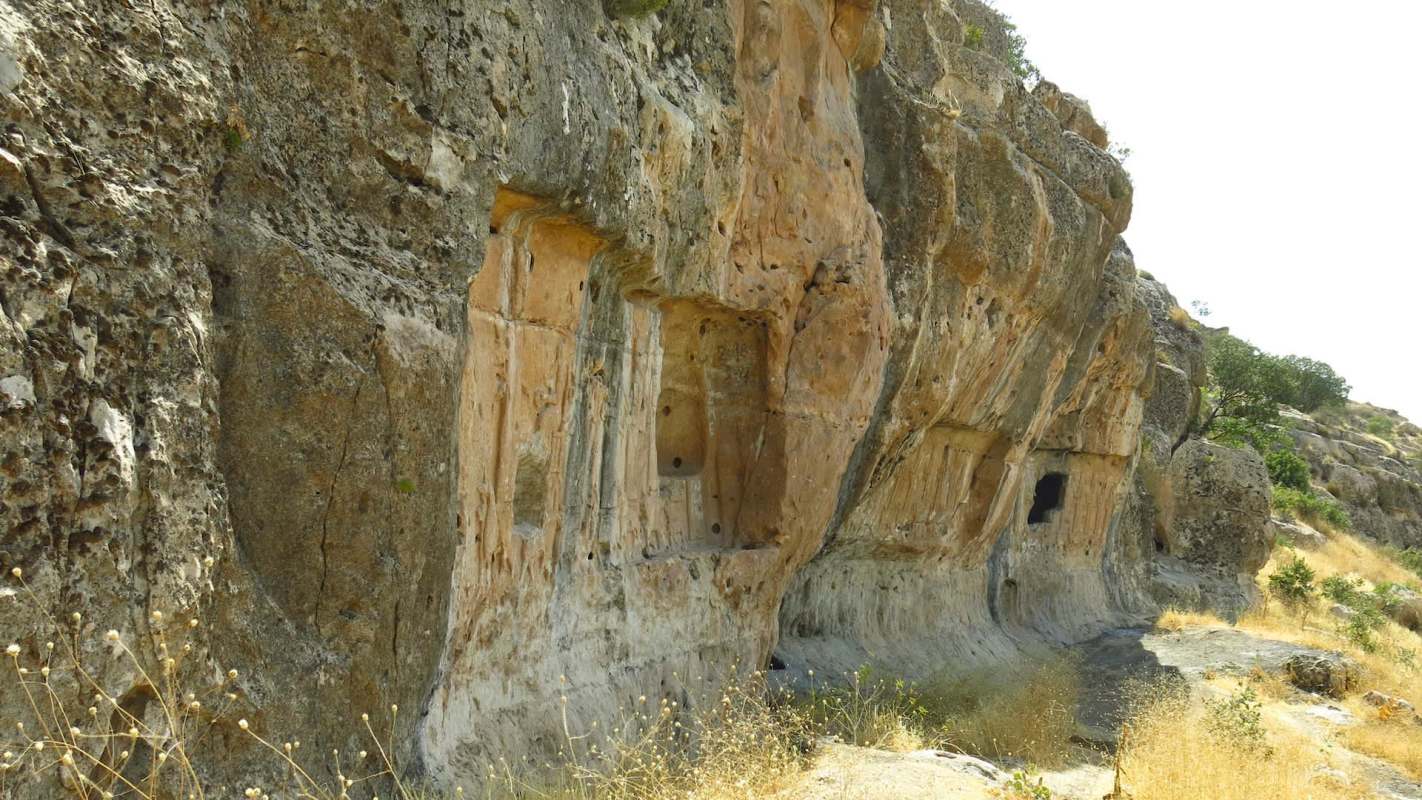 A rocky cliff with ancient carved niches and a dry landscape in the background.