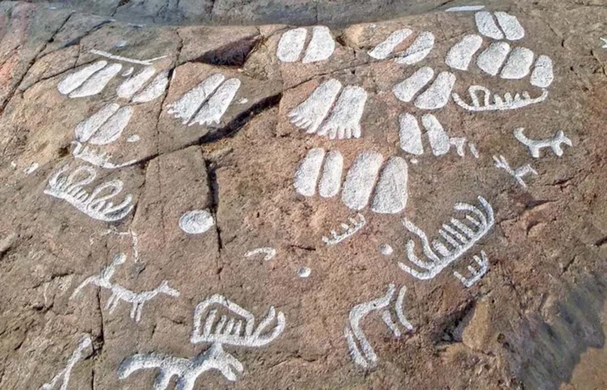 Ancient rock carvings depicting various symbols, including footprints, animals, and geometric shapes.