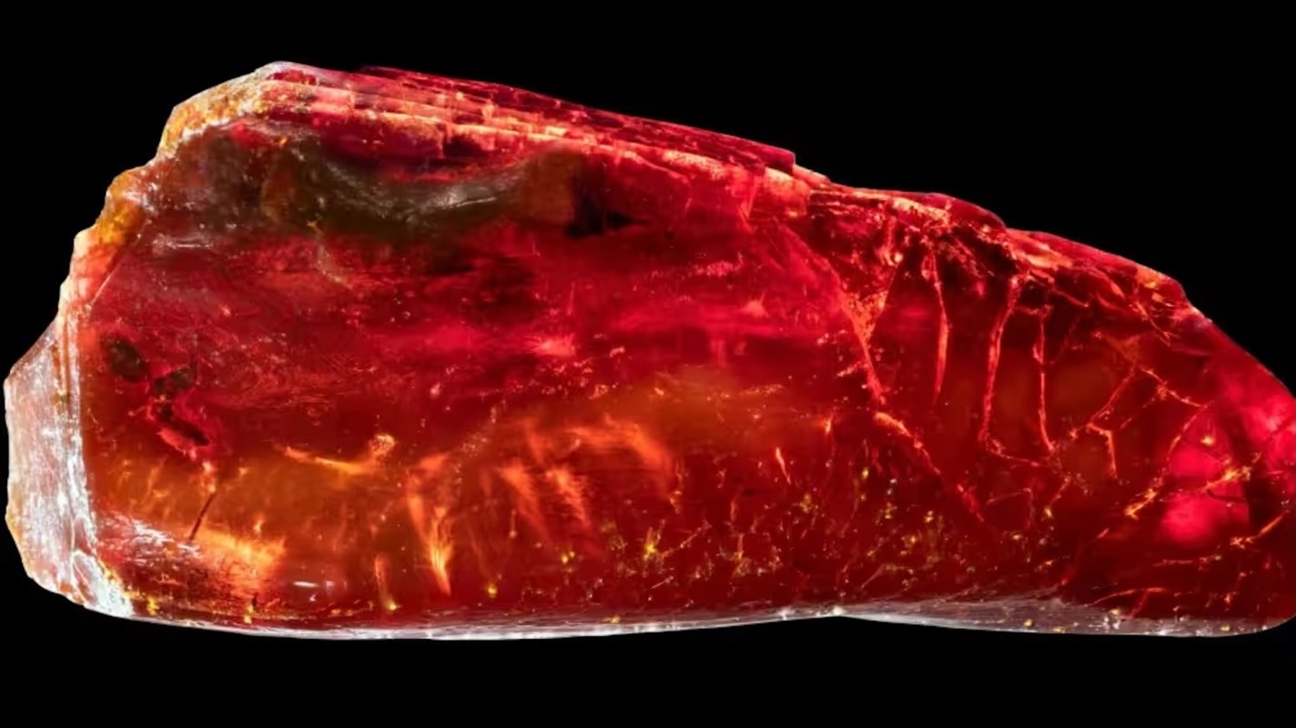 A vibrant, orange and red piece of amber.