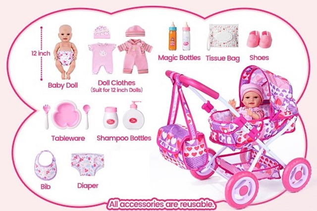 A pink baby doll with accessories including a stroller, clothes, and feeding items displayed against a cloud-shaped background.