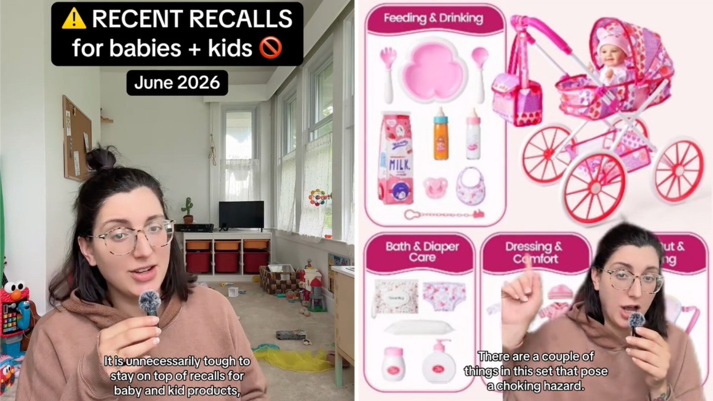 A woman discusses recent toy recalls for children, with a pink doll stroller and related baby items displayed alongside.