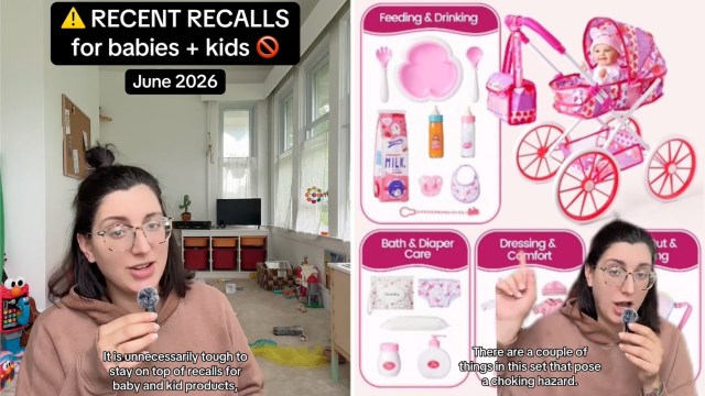A woman discusses recent toy recalls for children, with a pink doll stroller and related baby items displayed alongside.