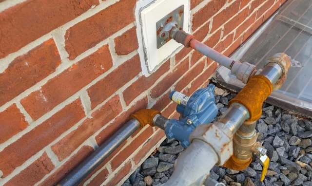 A close-up of water pipes and a meter attached to a brick wall, showing rust and gravel below.