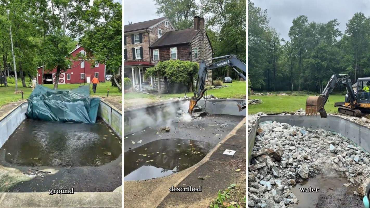 A series of images showing a pool demolition in progress.
