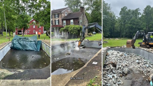 A series of images showing a pool demolition in progress.