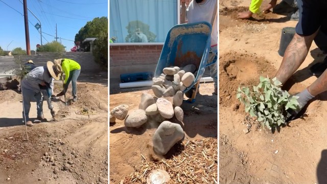 Three panels depict workers landscaping: using tools, transporting rocks with a wheelbarrow, and planting greenery.