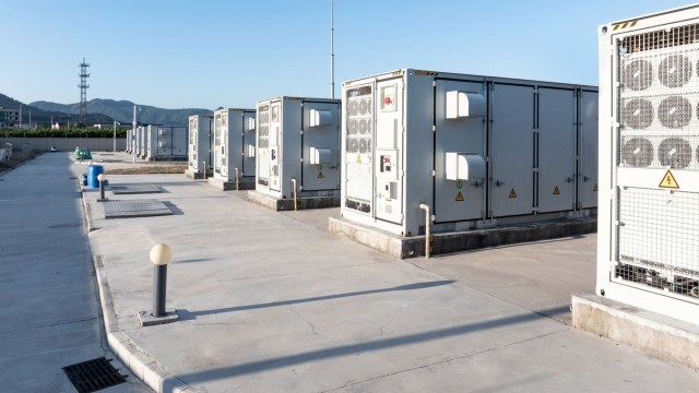 Several industrial battery storage units..