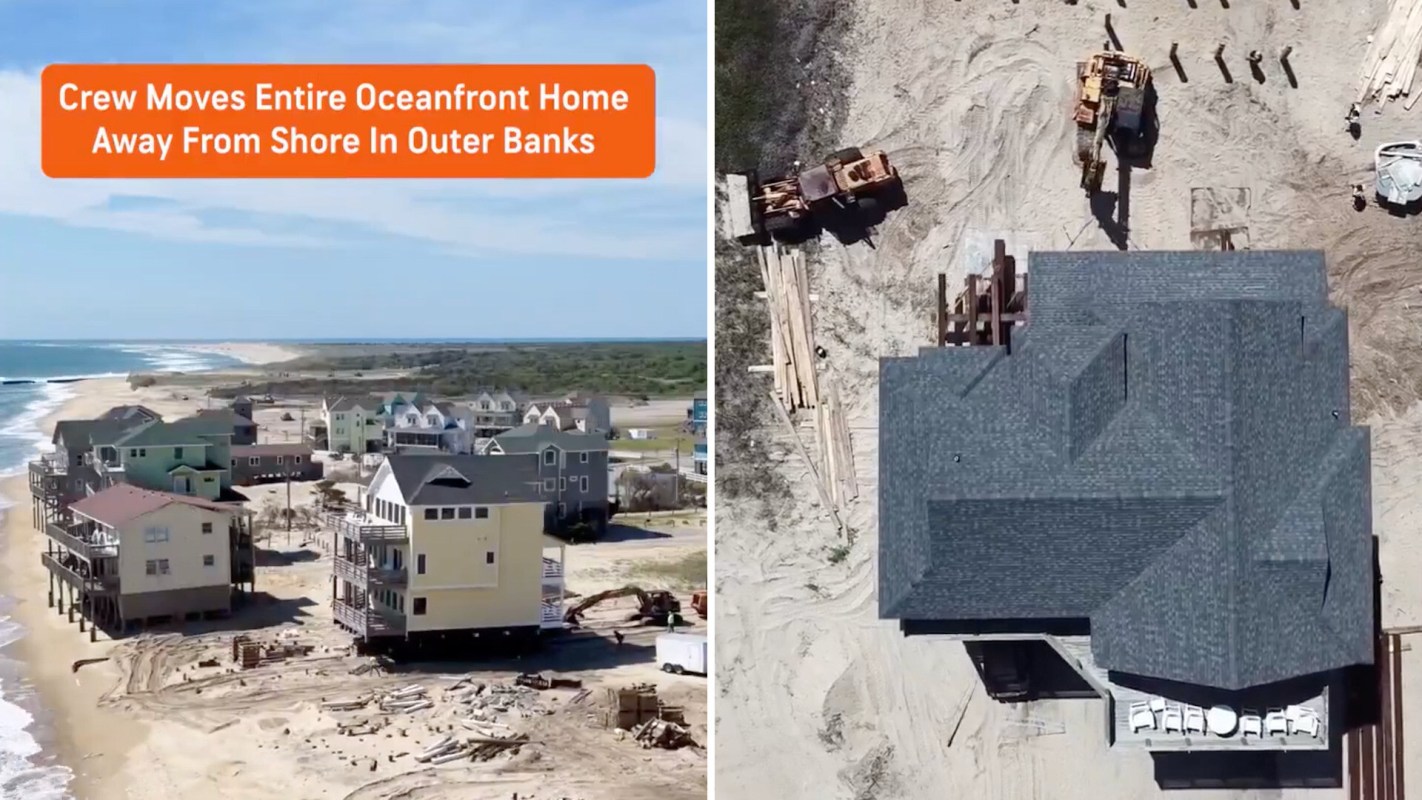 Aerial view of oceanfront homes being relocated away from the shore in the Outer Banks, with construction equipment nearby.