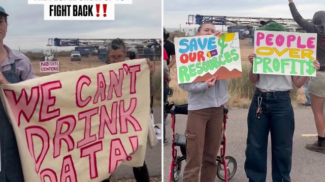 A group of protesters hold signs advocating against data centers, emphasizing water conservation and community needs.