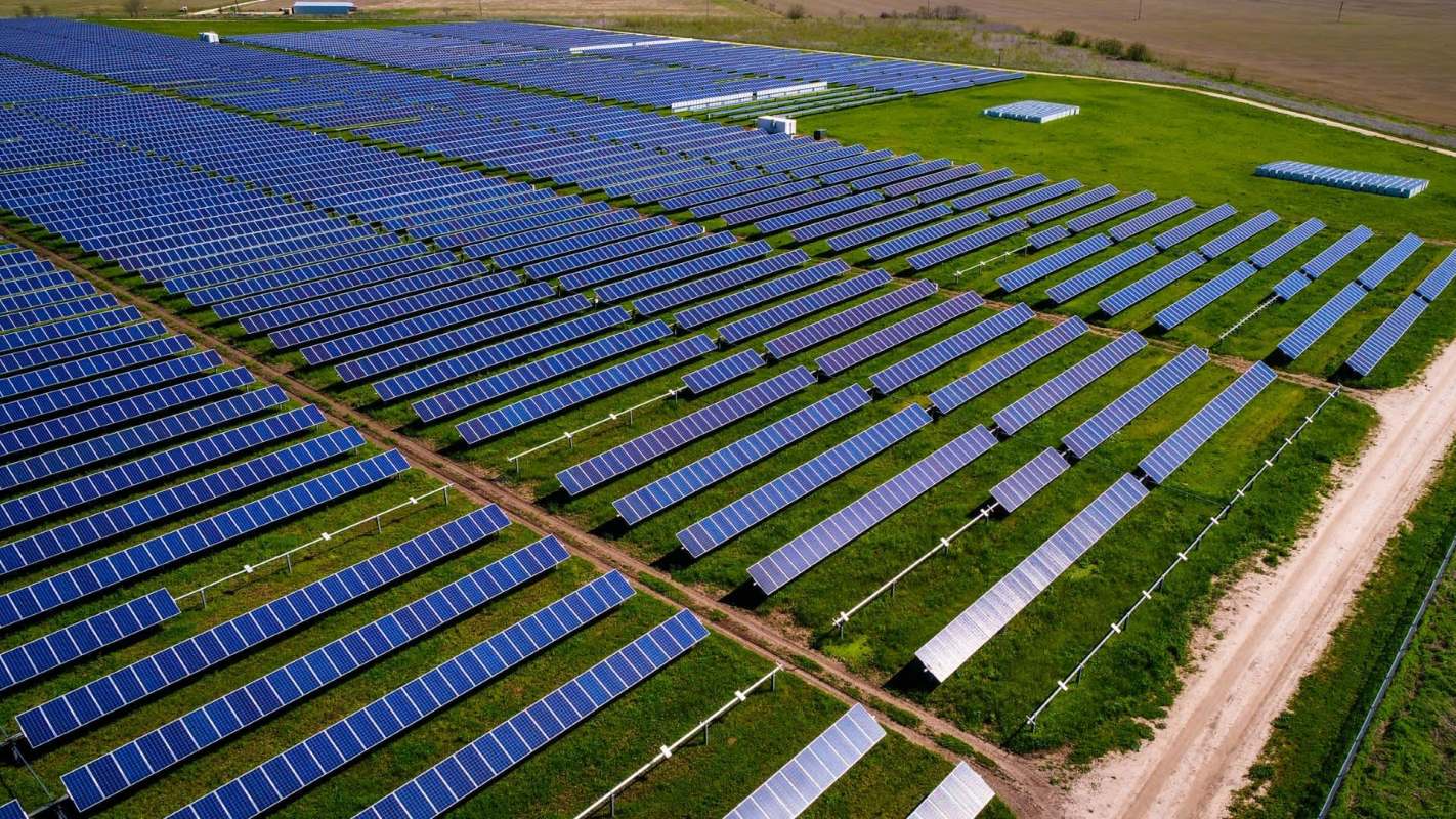 Aerial view of a solar farm.
