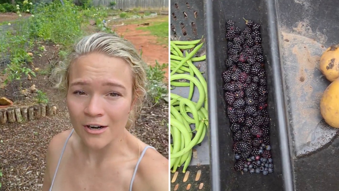 A woman talks in a garden alongside freshly harvested blackberries and green beans.