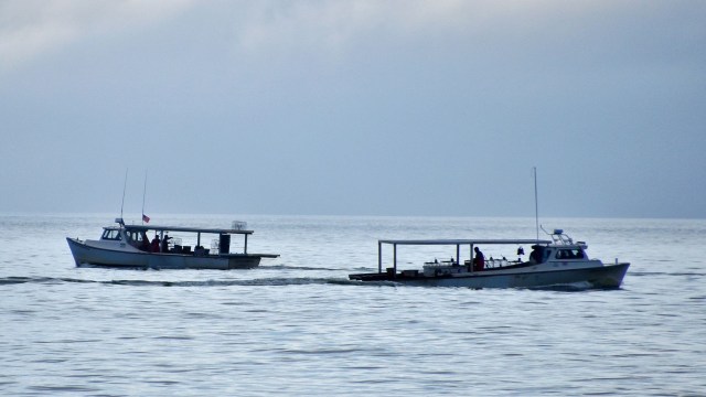 Two boats navigate through calm waters under a cloudy sky.