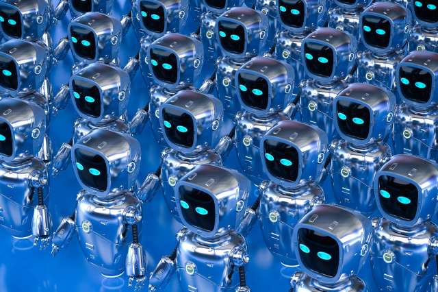 A crowd of shiny silver robots with glowing blue eyes.