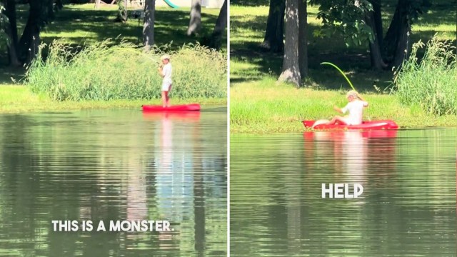 A young person in a kayak appears startled while fishing in calm water.