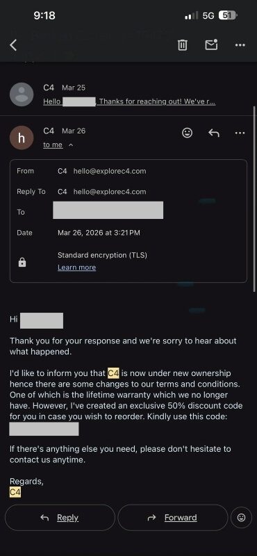 A screenshot of a customer service email in which it's explained that the lifetime warranty is no longer valid.
