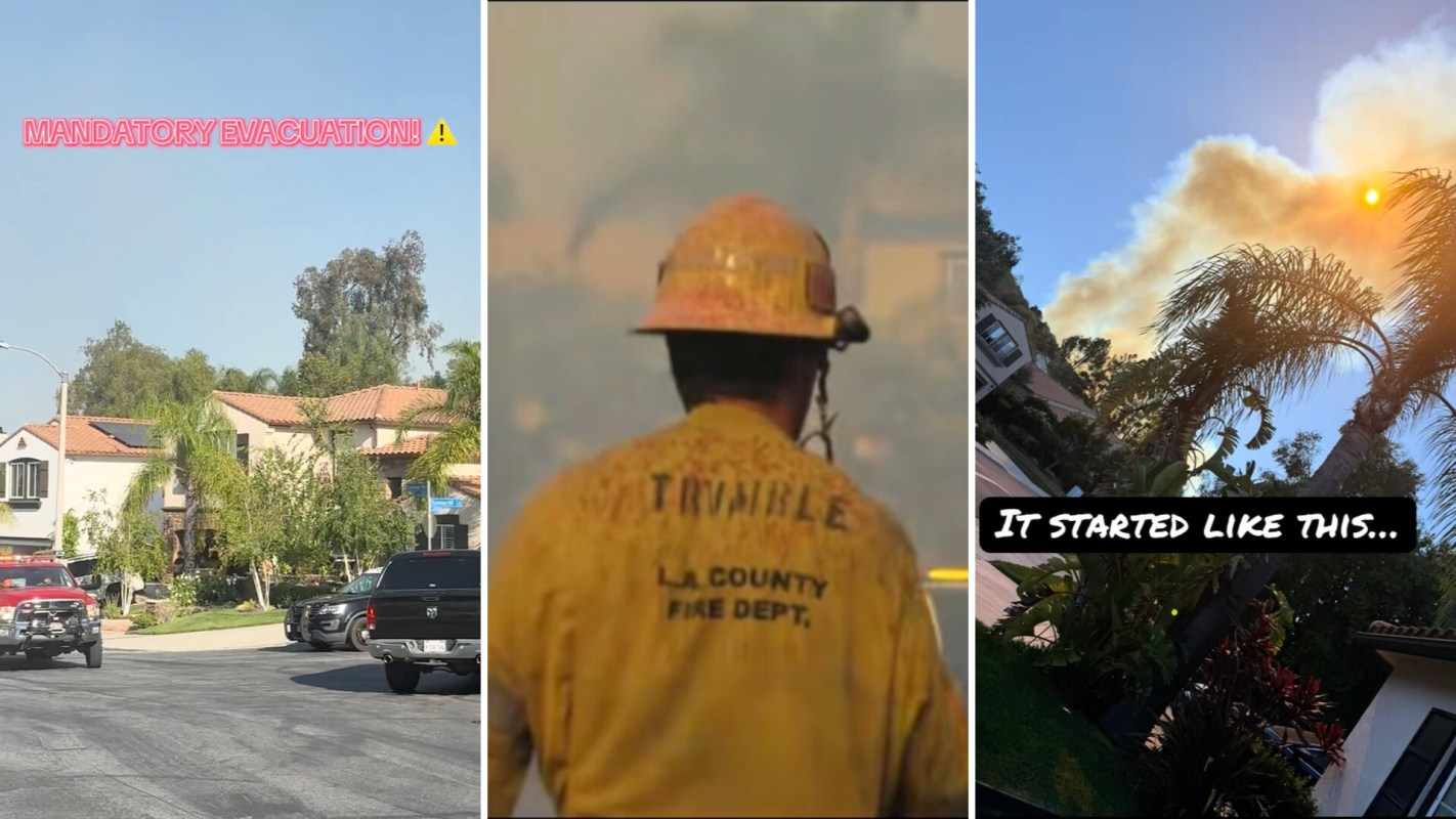 A collage showing a mandatory evacuation notice, a firefighter facing smoke, and a distant view of a fire with palm trees.