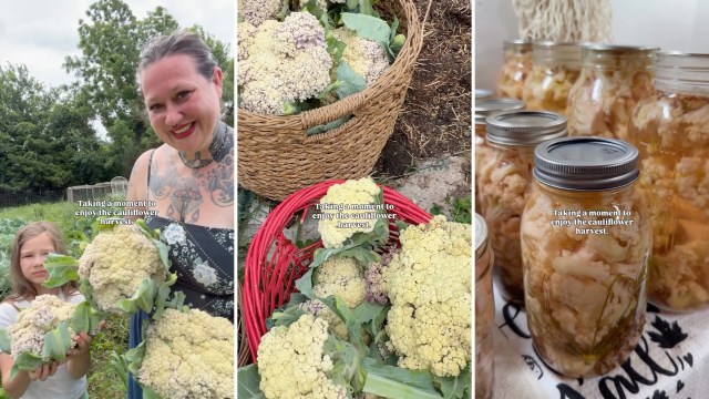 A woman and a girl proudly display freshly harvested cauliflower alongside jars of preserved cauliflower.