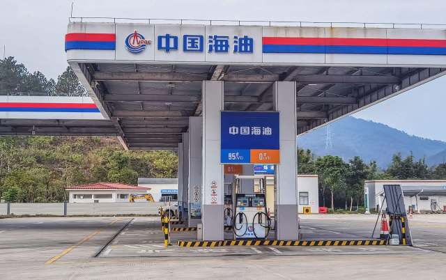 A modern gas station with fuel pumps under a covered structure in China.