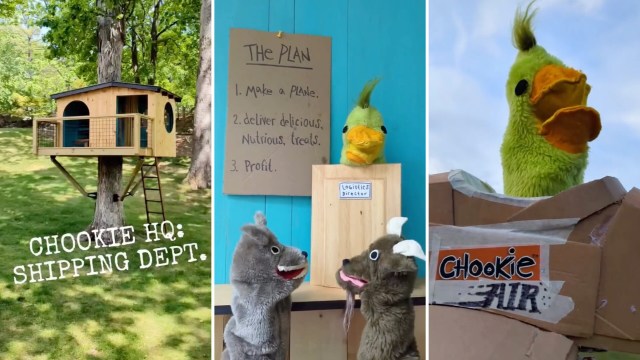 A whimsical treehouse headquarters with puppet characters and a plan for delivering treats.