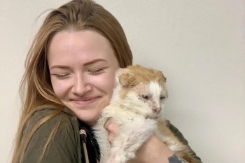 A smiling woman cuddles a scruffy orange and white cat against a plain background.
