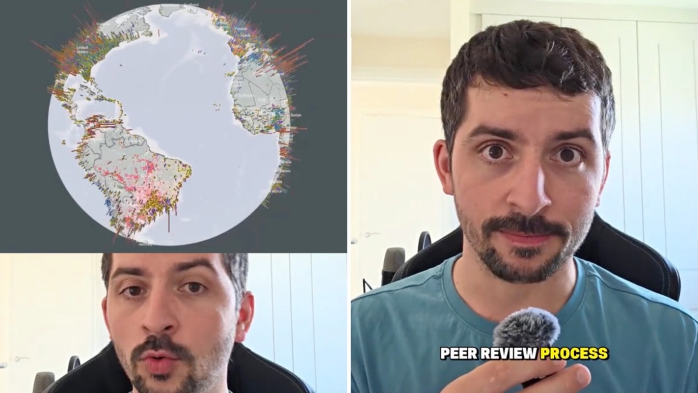 A man speaks into a microphone while a colorful world map with data visualizations appears beside him.