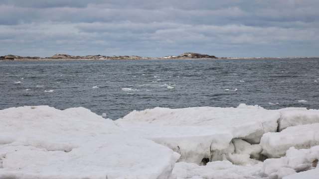 Ice formations on the water in front of a distant shoreline.