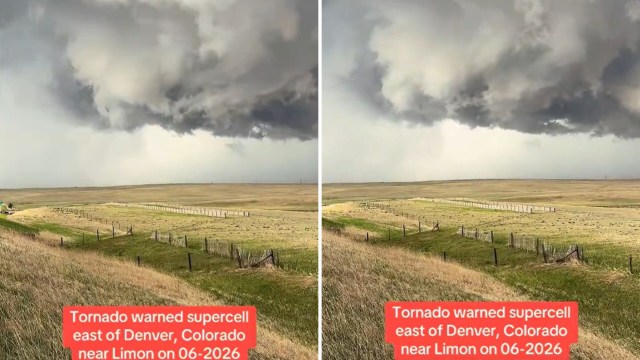 Dark storm clouds indicating a tornado warning near Limon, Colorado, with grassy fields below.