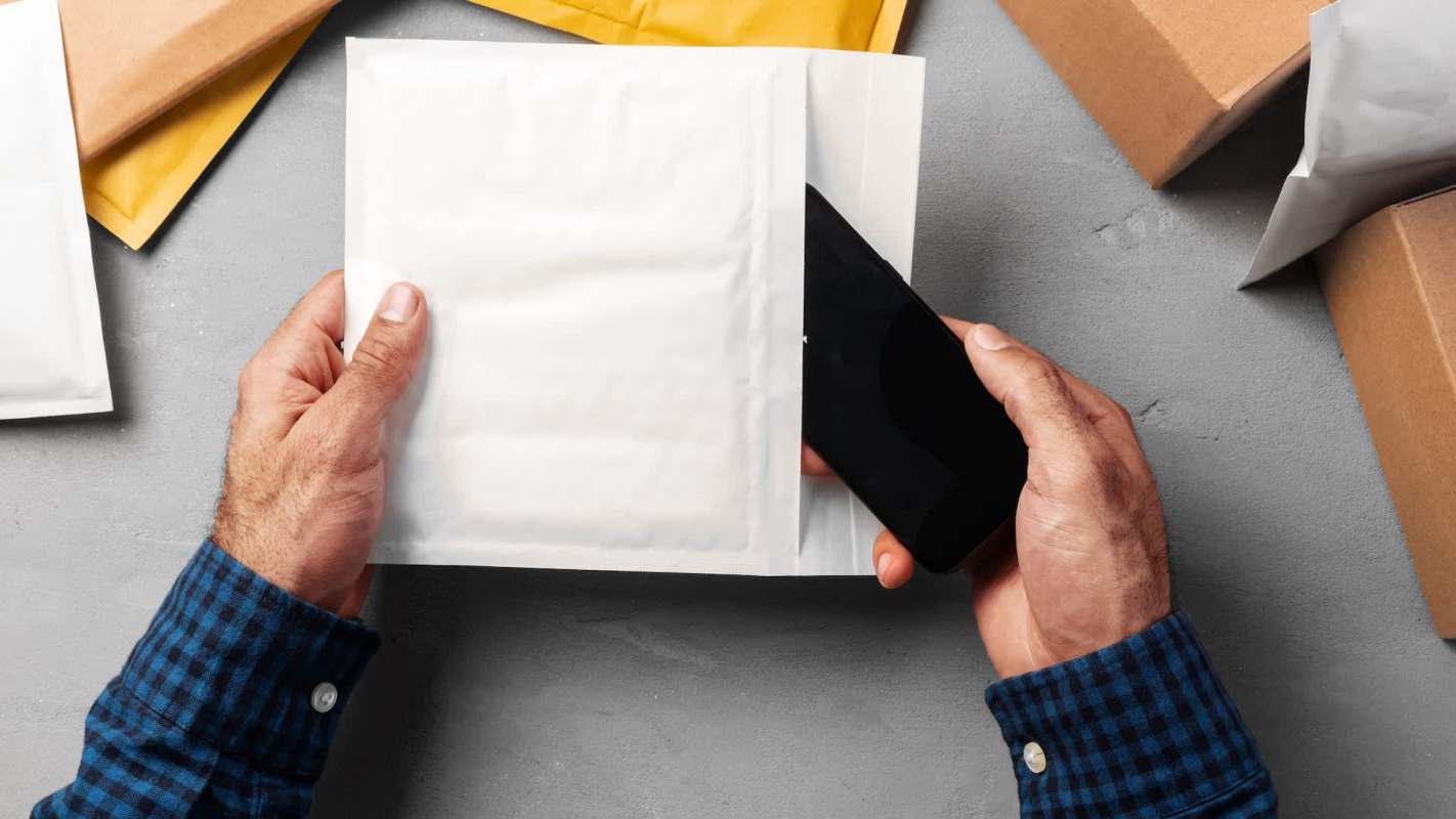 A person holds a smartphone next to a white padded envelope on a gray surface surrounded by various packages.