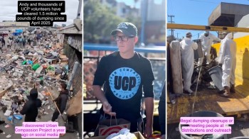 Three images showcasing urban cleanup efforts: a large pile of trash, a volunteer holding bags, and workers in protective gear cleaning.