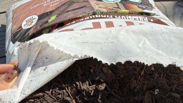 A close-up of a partially opened bag of mulch revealing dark, fibrous material inside.