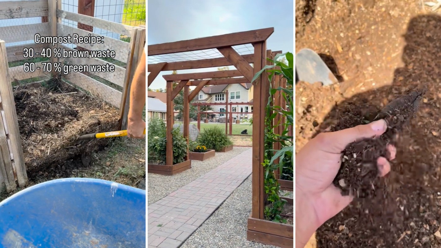 A compost bin, a garden pathway with trellises, and a hand holding rich soil.