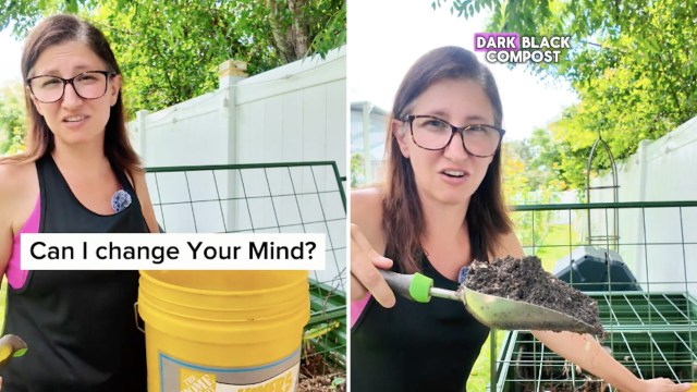 A woman in a garden holding a scoop of compost, discussing composting with a yellow bucket nearby.