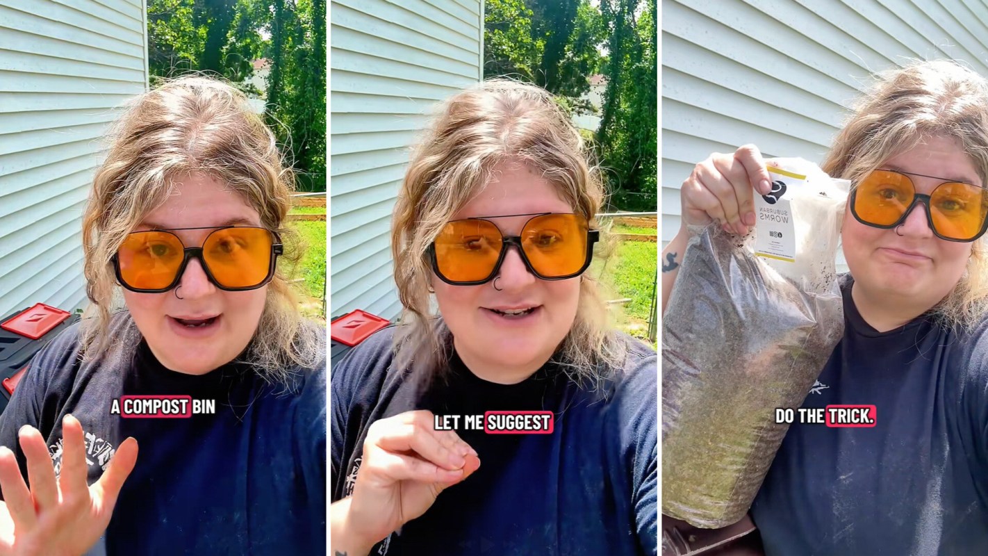 A person with yellow-tinted glasses discusses composting while holding a bag of worms outdoors.