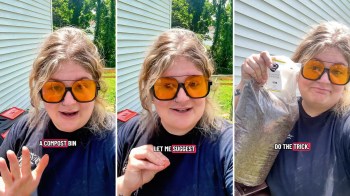 A person with yellow-tinted glasses discusses composting while holding a bag of worms outdoors.