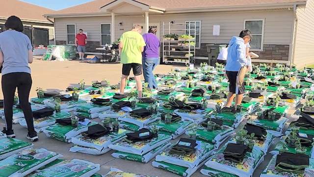 People sorting soil and plants for gardening.