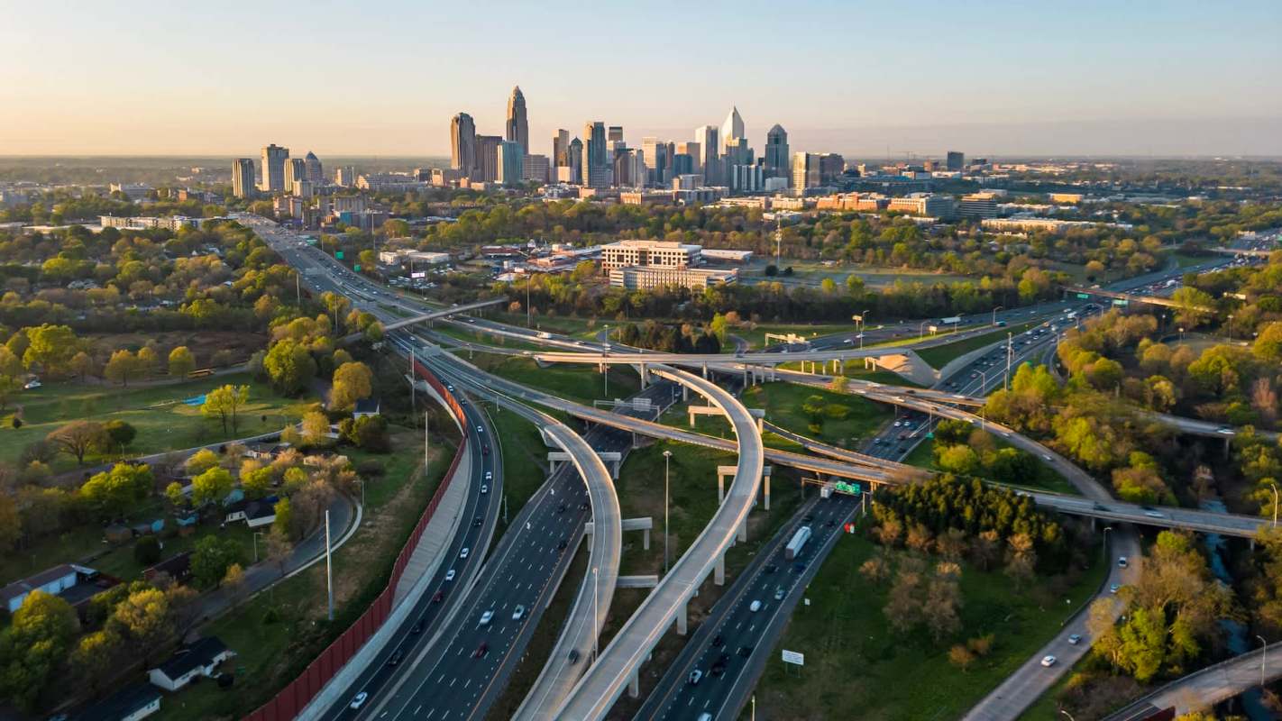 The Charlotte skyline at sunset.