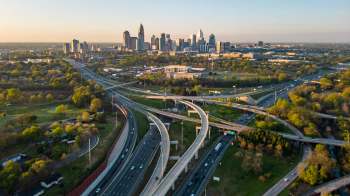 The Charlotte skyline at sunset.
