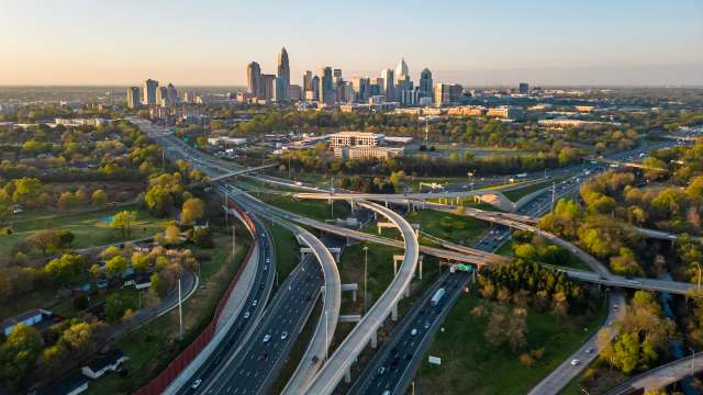 The Charlotte skyline at sunset.