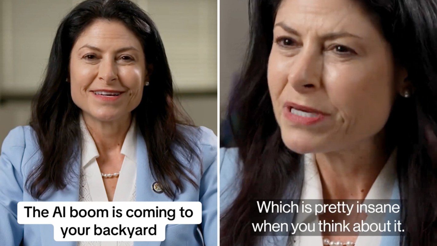A woman in a light blue blazer discusses the upcoming AI boom, expressing her thoughts with emphasis.