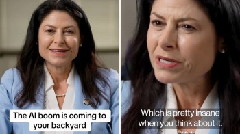 A woman in a light blue blazer discusses the upcoming AI boom, expressing her thoughts with emphasis.