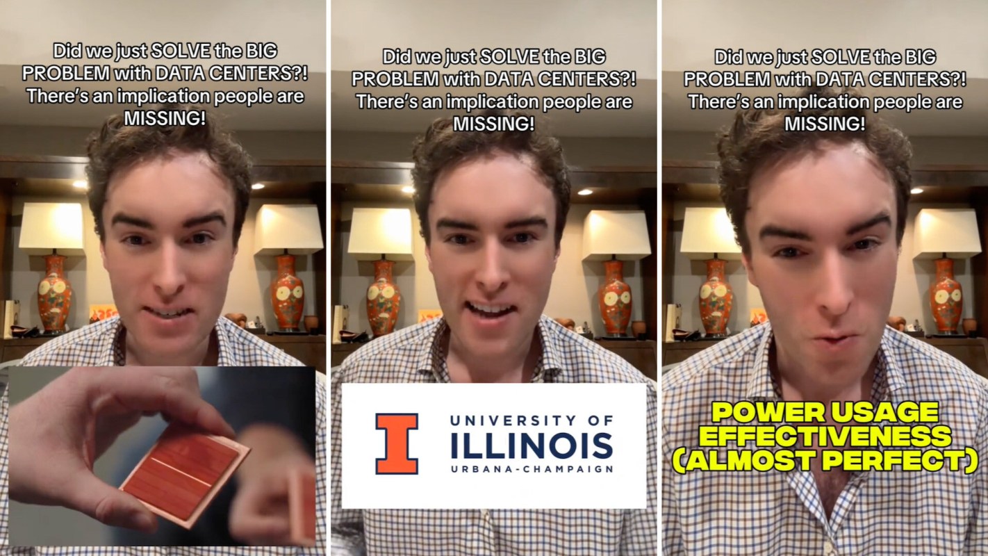 A man explains data center solutions, with text overlays highlighting a university logo and power usage effectiveness.