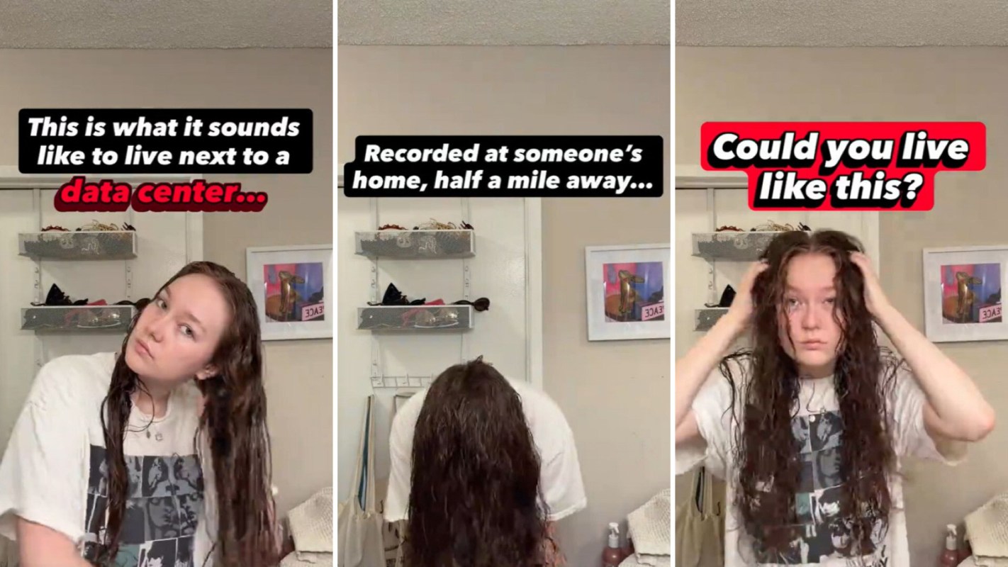 A young woman with wet hair poses in a bathroom, expressing concern about noise from a nearby data center.
