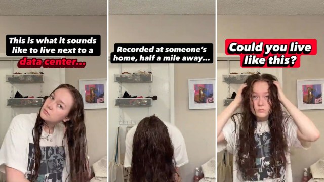 A young woman with wet hair poses in a bathroom, expressing concern about noise from a nearby data center.