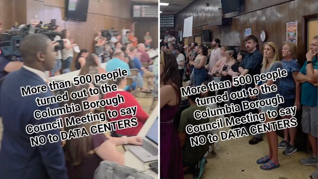 A large crowd gathers at the Columbia Borough Council Meeting to protest against data centers.