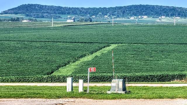 An expansive green field with a roadside utility box and a numbered sign, under a clear blue sky.